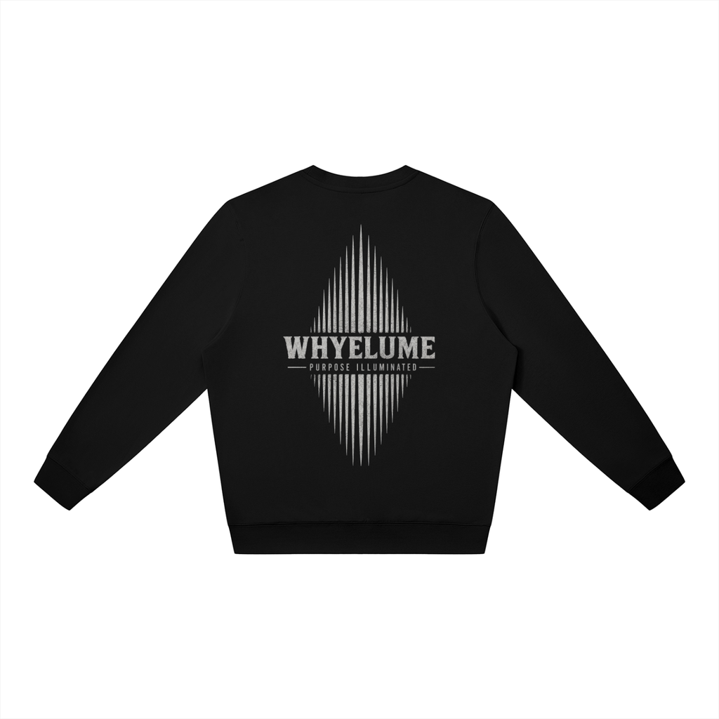 Back view of black WHYELUME Essentials Radiant Mark crewneck with white radiant burst graphic