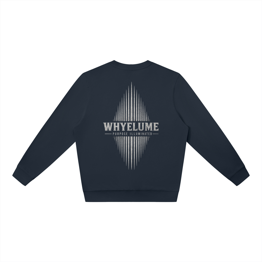 Back view of navy blue WHYELUME Essentials Radiant Mark crewneck with white radiant burst graphic