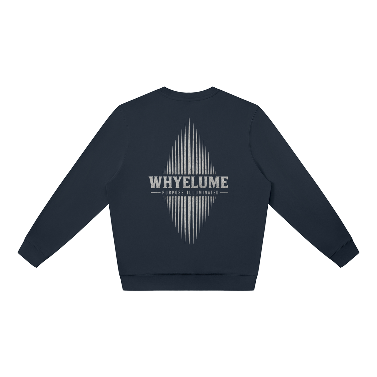 Back view of navy blue WHYELUME Essentials Radiant Mark crewneck with white radiant burst graphic