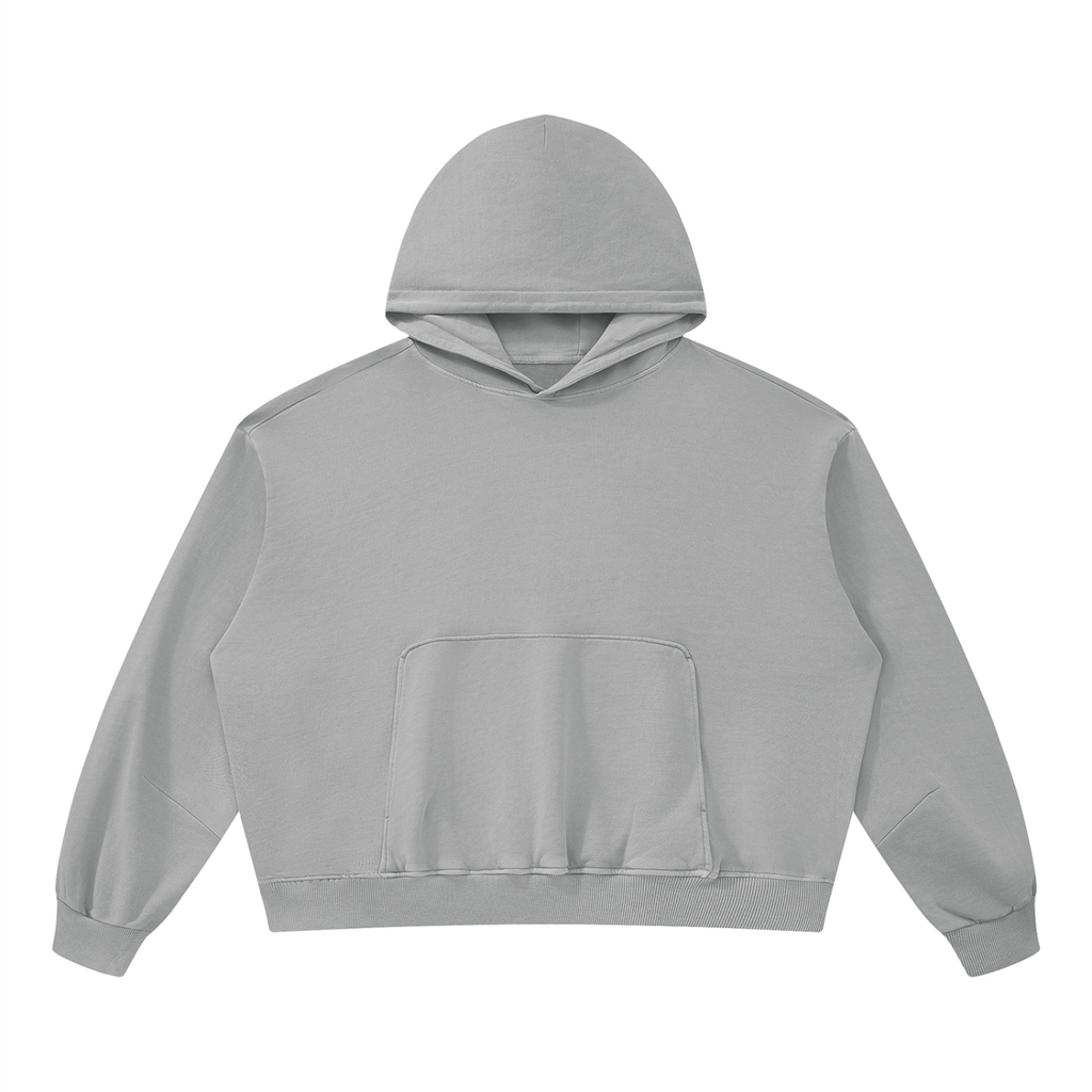 Front view of light gray WHYELUME Purpose Illuminated vintage washed boxy hoodie with no front print