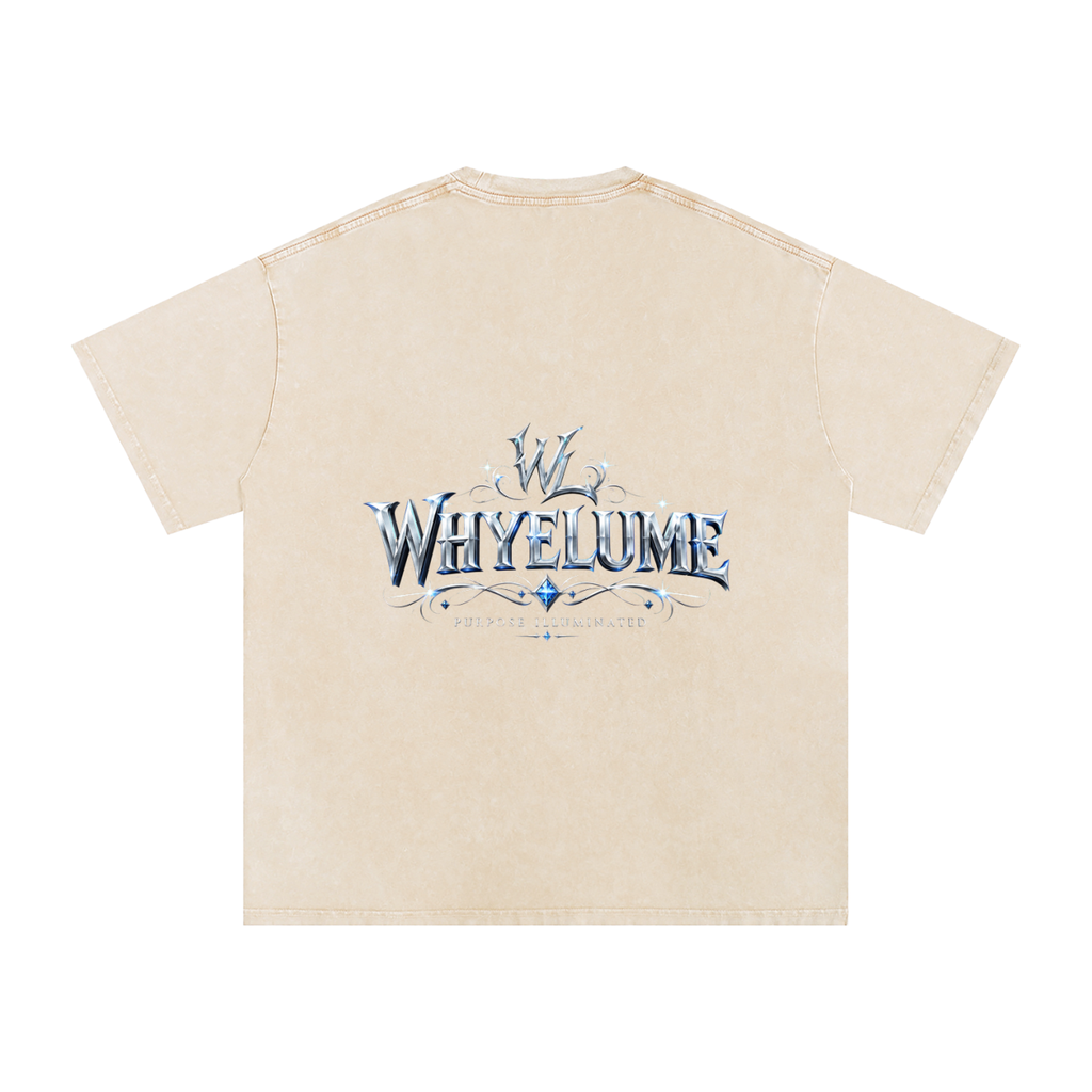 Back view of apricot snow washed WHYELUME Silver Crest tee with silver crest wordmark graphic