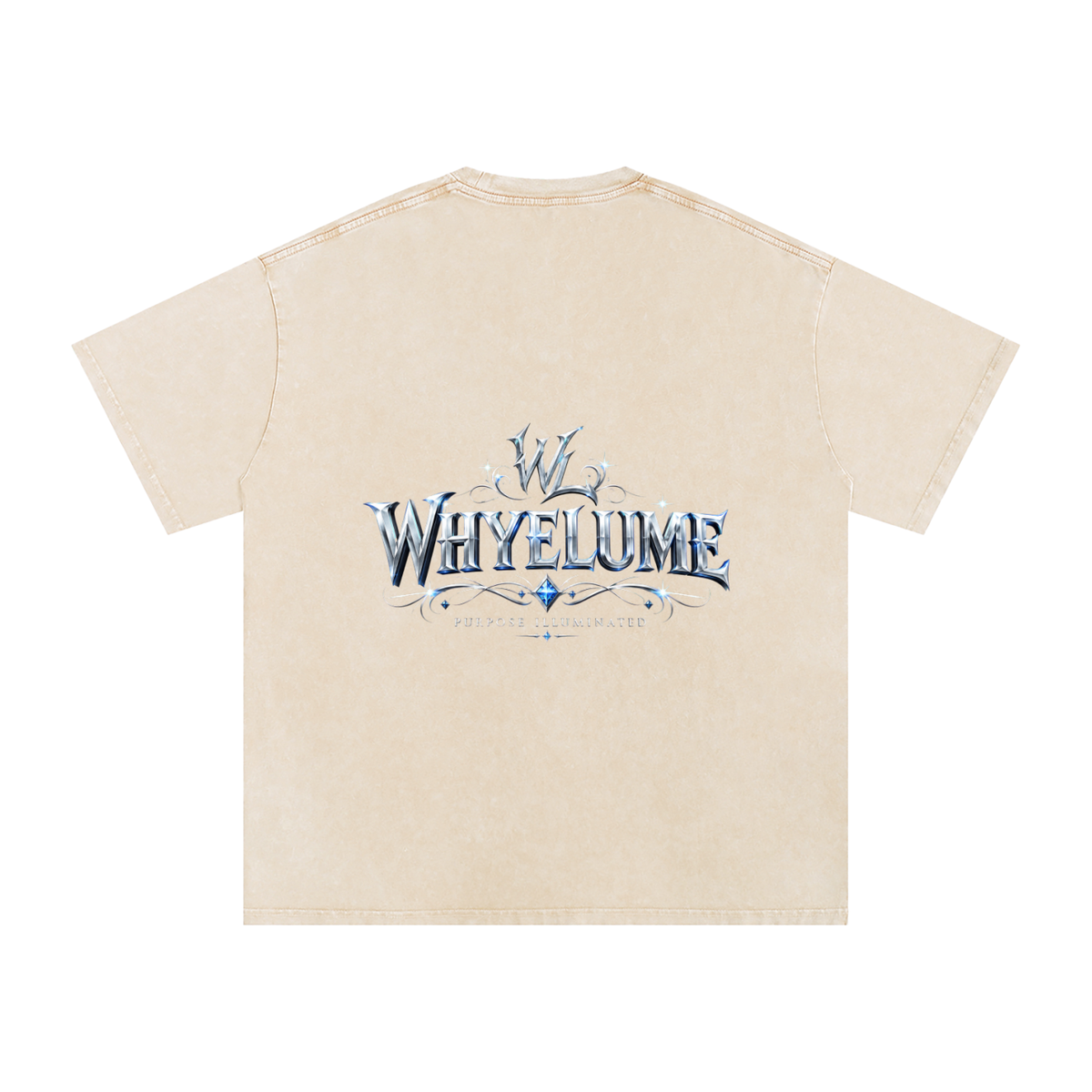 Back view of apricot snow washed WHYELUME Silver Crest tee with silver crest wordmark graphic