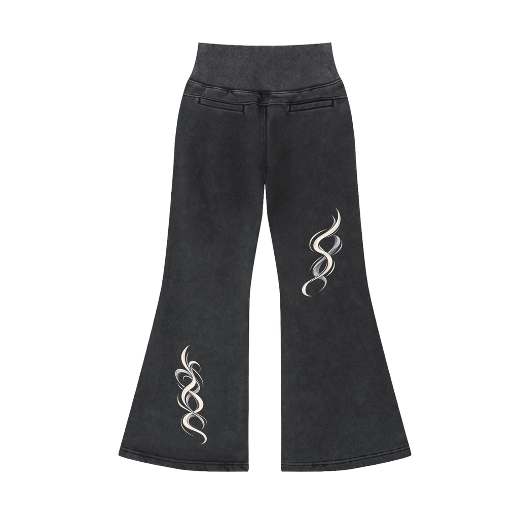 Back view of washed black WHYELUME Purpose Illuminated flared fleece pants with white swirl leg graphic