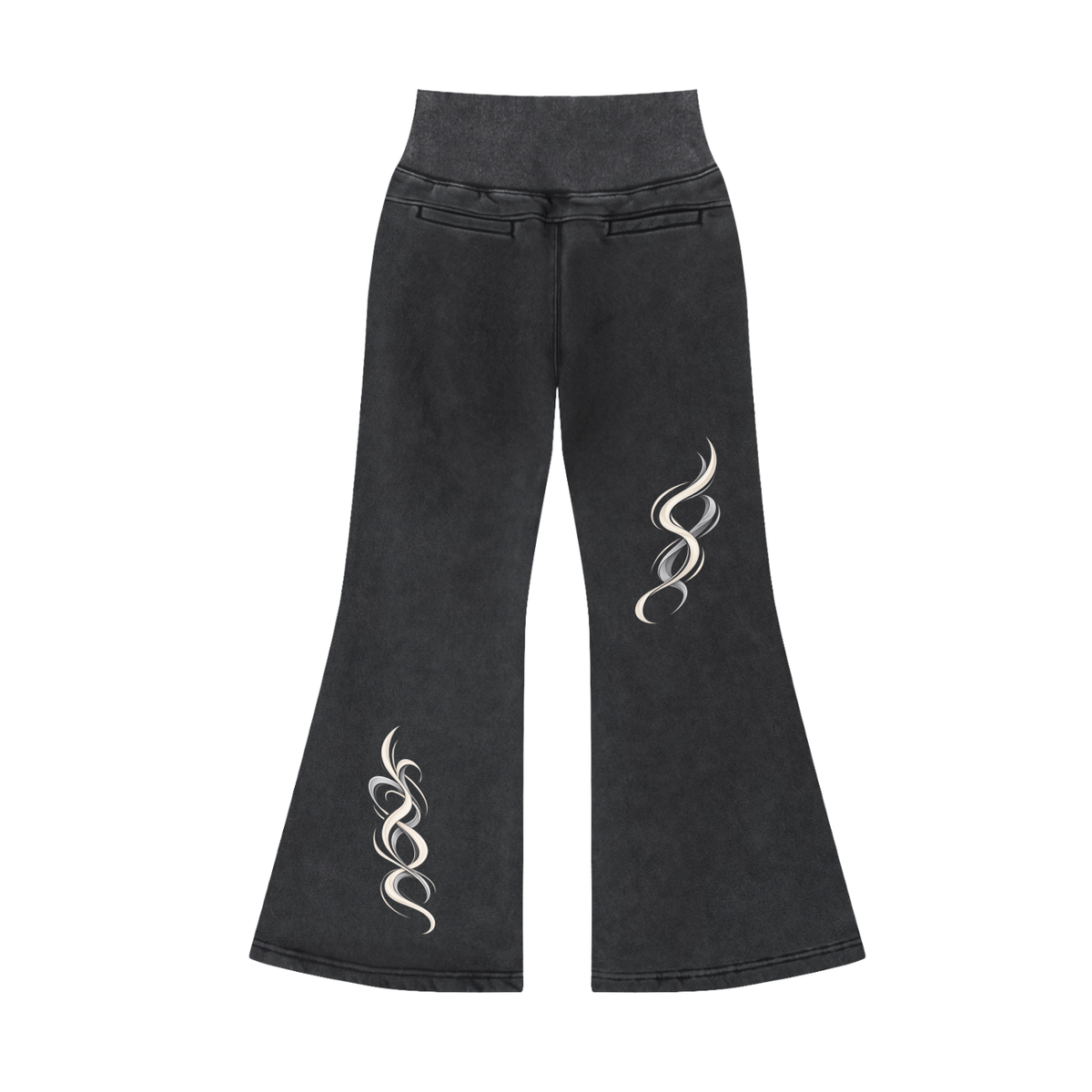Back view of washed black WHYELUME Purpose Illuminated flared fleece pants with white swirl leg graphic