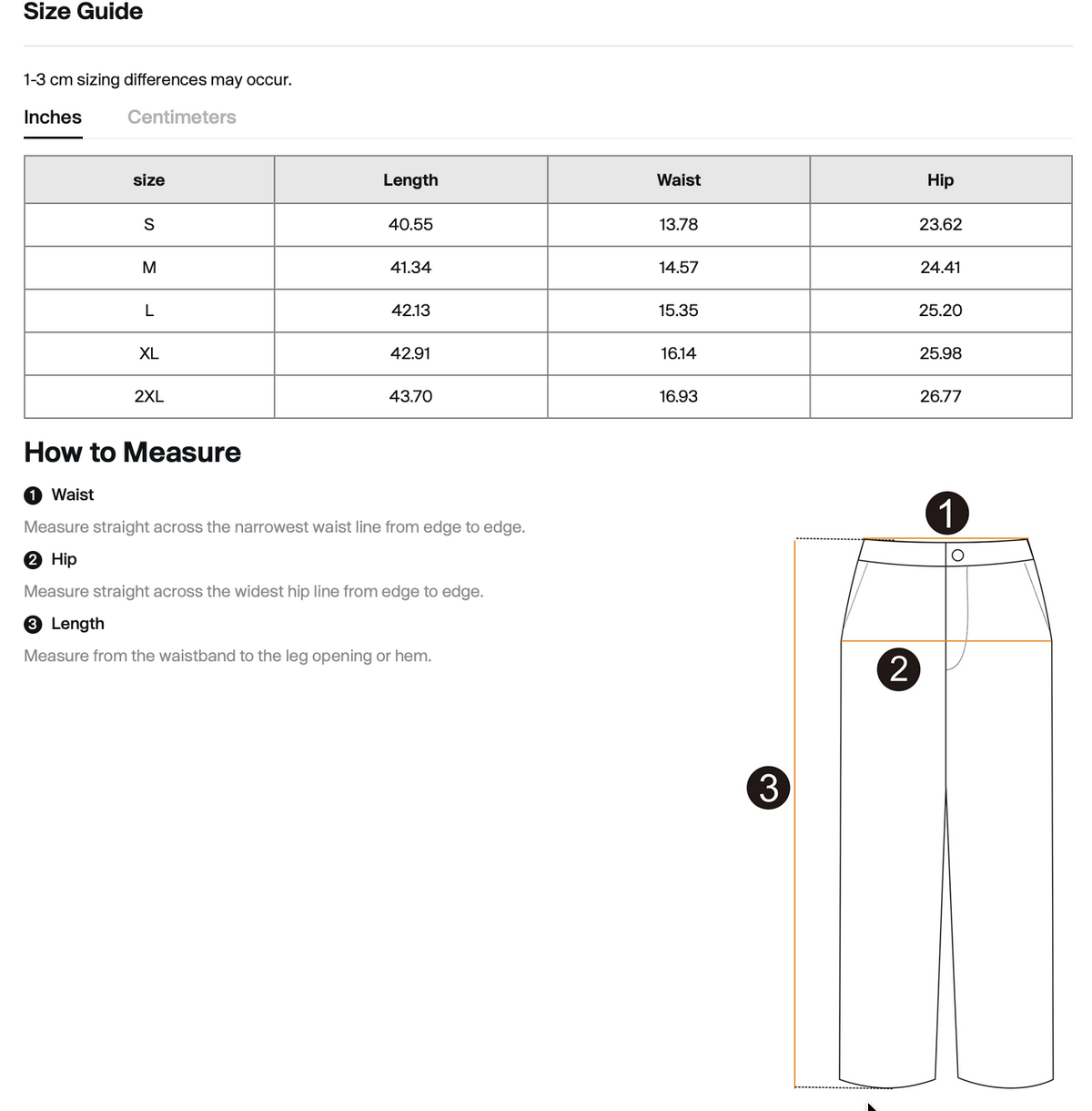 Size chart for WHYELUME Purpose Illuminated purple graphic barrel-leg sweatpants with waist, hip, and length measurements in inches