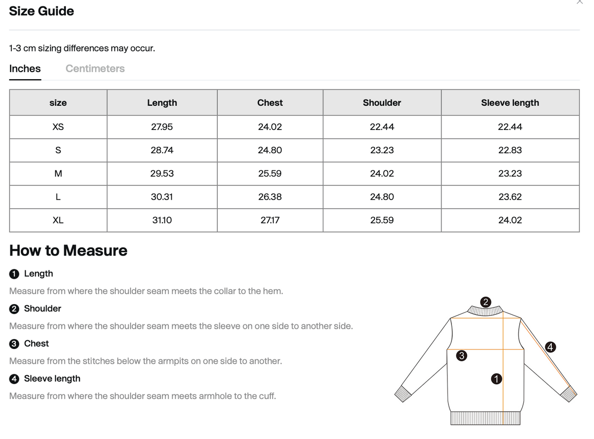 Size chart for WHYELUME Sleeve Script oversized long sleeve tee with length, chest, shoulder, and sleeve measurements in inches