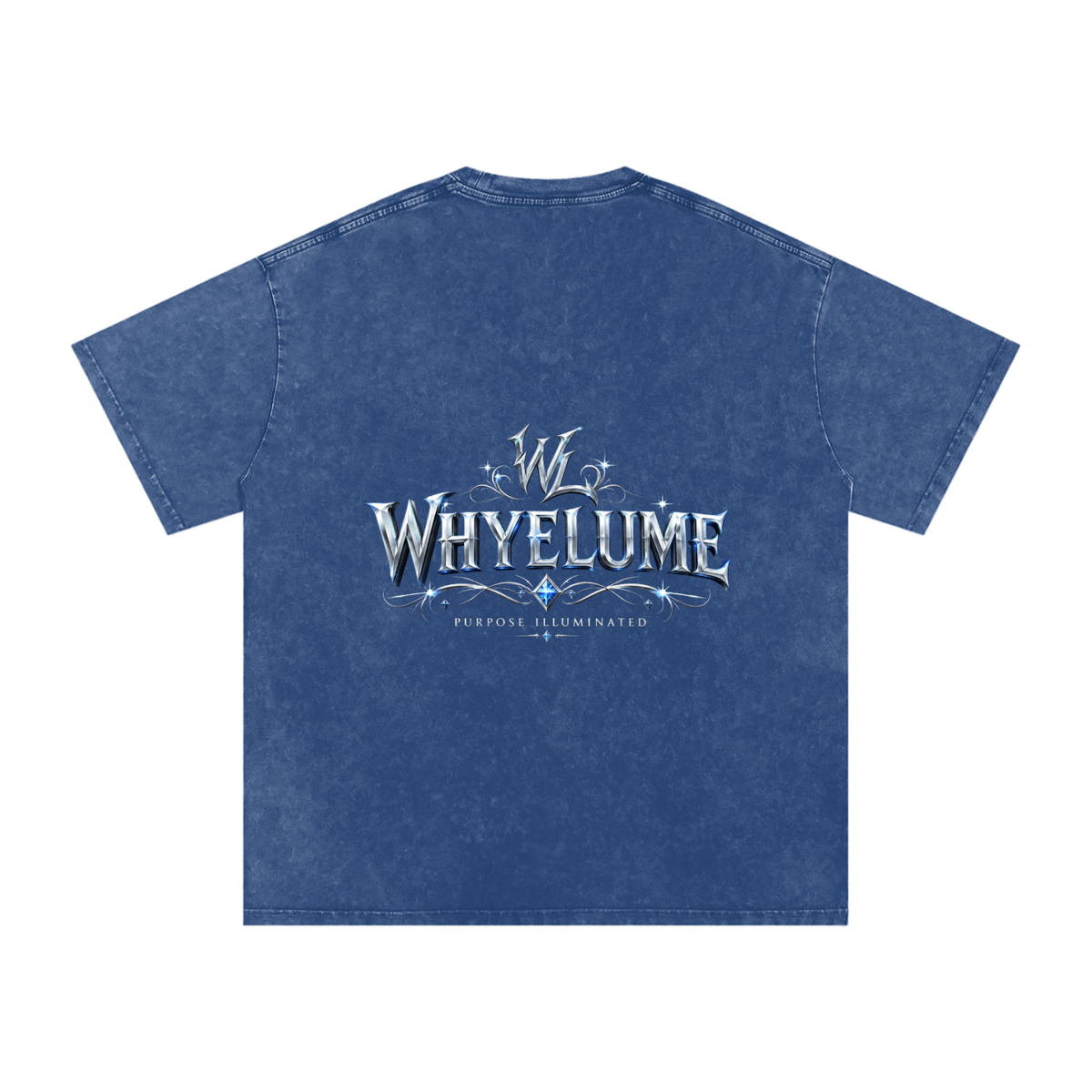 Back view of dark blue snow washed WHYELUME Silver Crest tee with silver crest wordmark graphic
