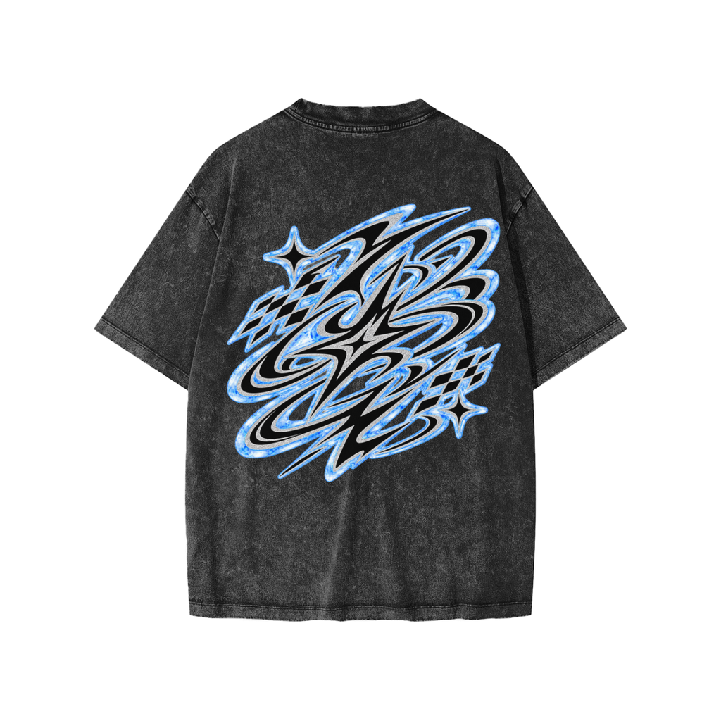 Back view of washed black WHYELUME Kids Marble Motion tee with blue swirl graphic