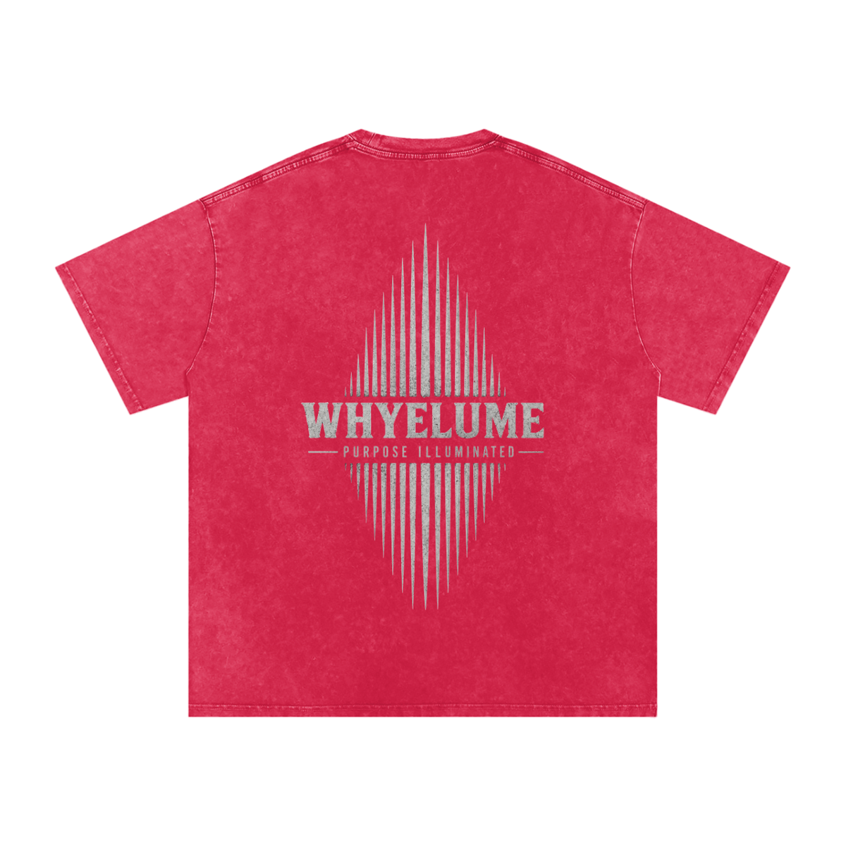 Back view of red snow washed WHYELUME Essentials Radiant Mark tee with white radiant burst graphic