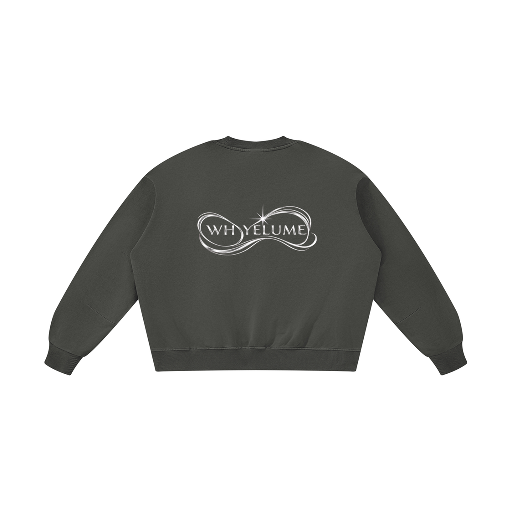 Back view of dark gray WHYELUME Purpose Illuminated vintage washed crewneck with white WHYELUME swirl graphic