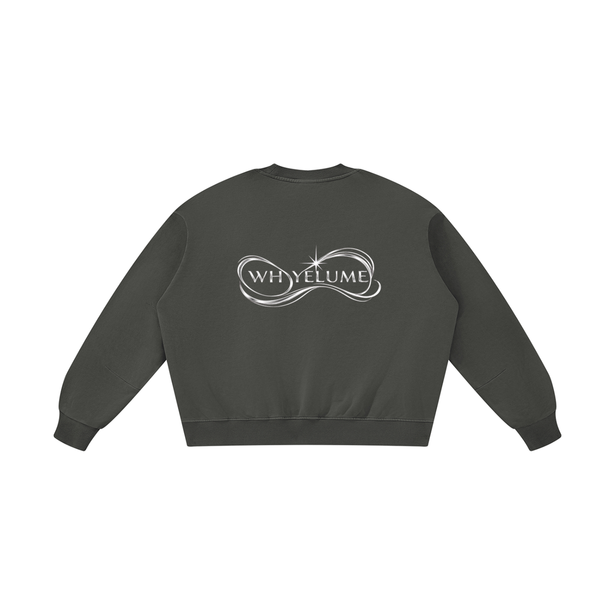 Back view of dark gray WHYELUME Purpose Illuminated vintage washed crewneck with white WHYELUME swirl graphic