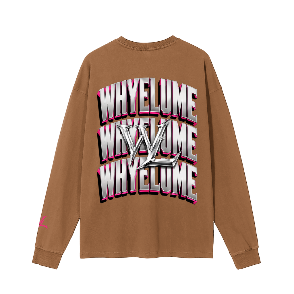 Back view of mocha WHYELUME Chrome Stack washed long sleeve tee with white and pink stacked wordmark graphic