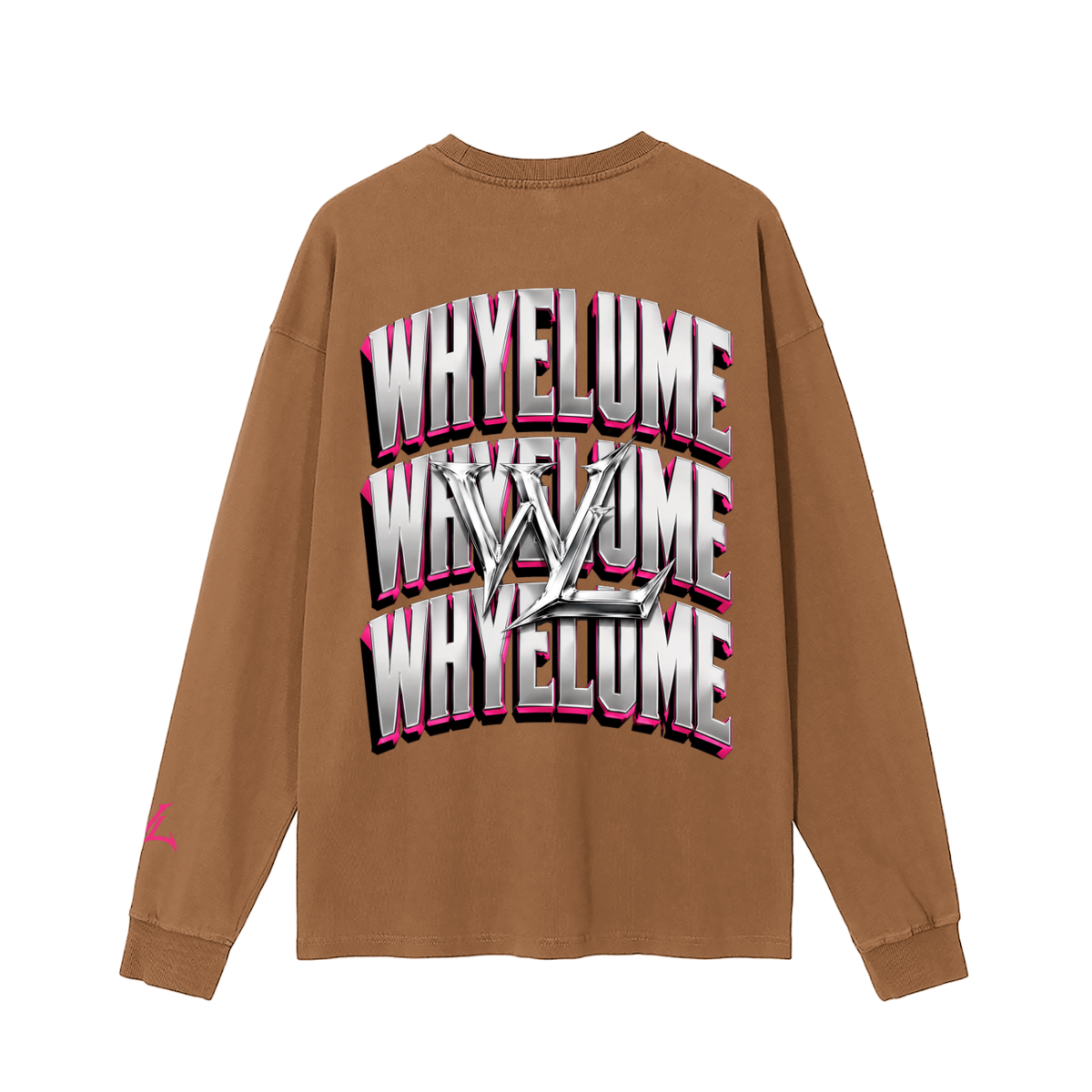 Back view of mocha WHYELUME Chrome Stack washed long sleeve tee with white and pink stacked wordmark graphic