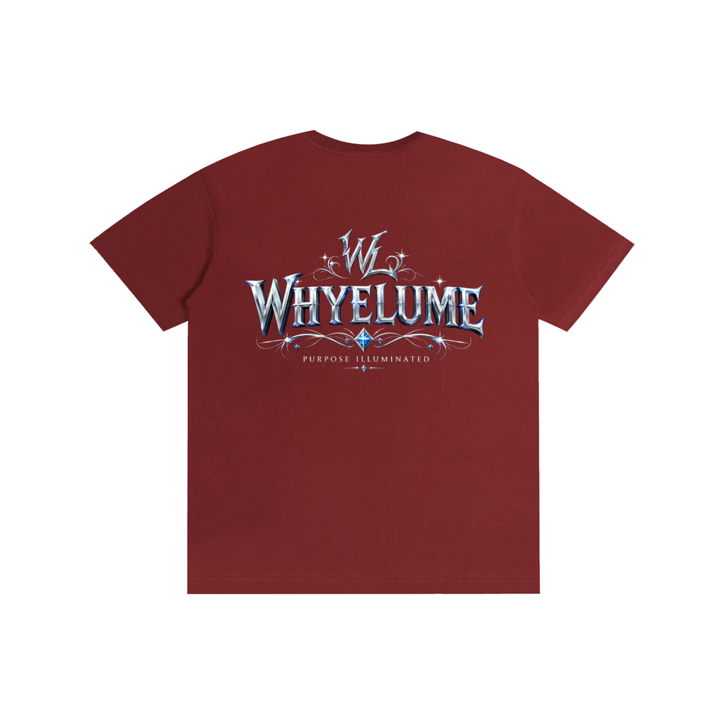 Back view of wine red WHYELUME Silver Crest tee with silver crest wordmark graphic