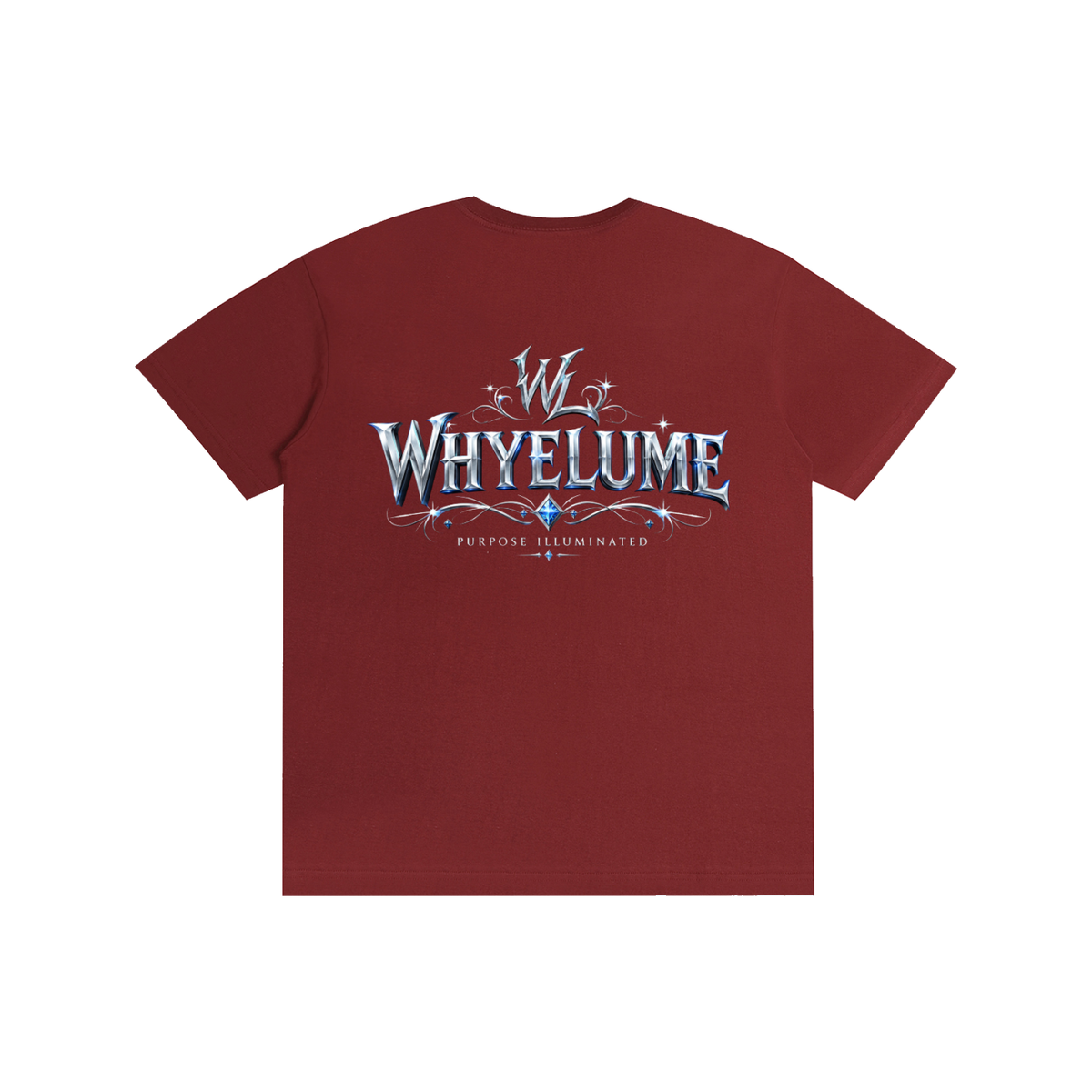 Back view of wine red WHYELUME Silver Crest tee with silver crest wordmark graphic