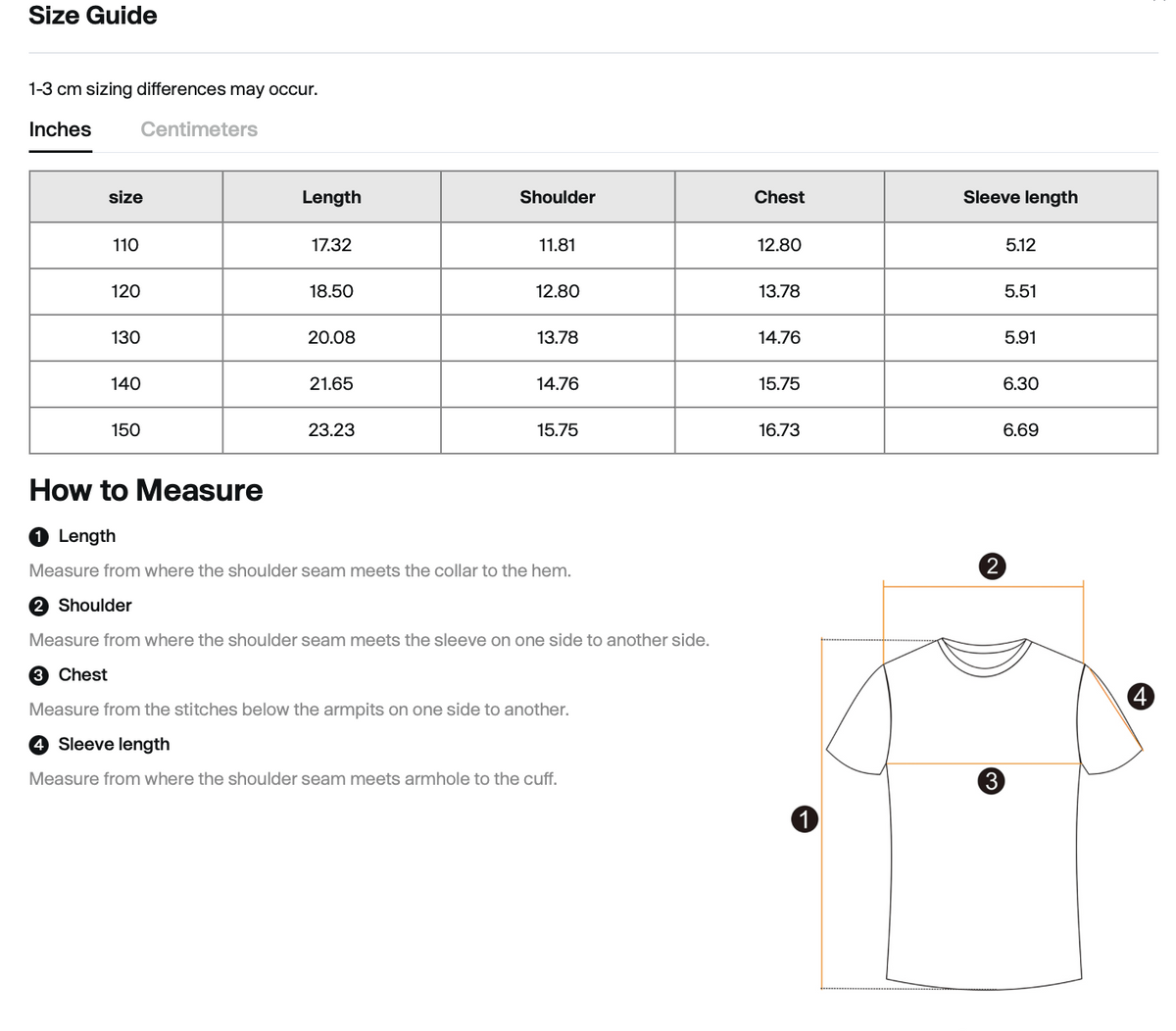 Size chart for WHYELUME Kids Street Energy cotton tee with length, shoulder, chest, and sleeve measurements in inches