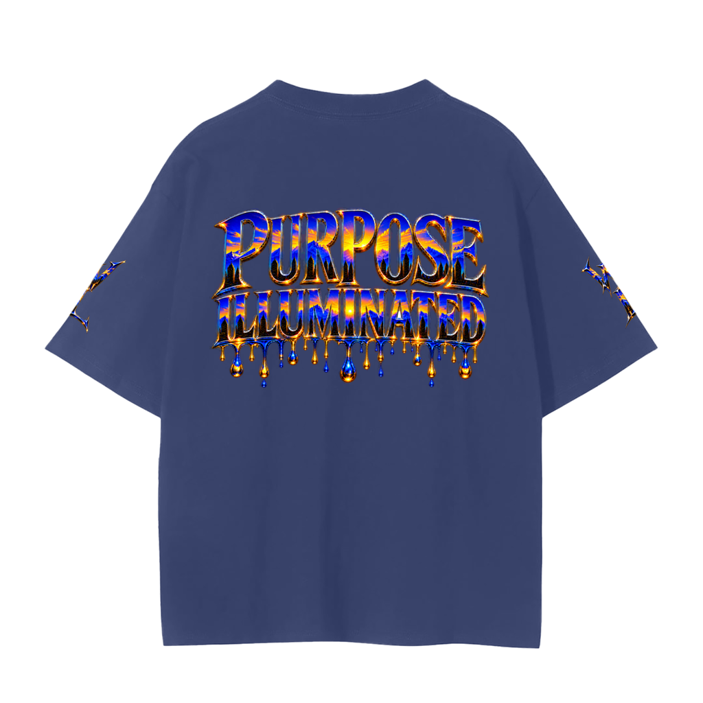 Back view of navy blue WHYELUME Purpose Illuminated seamless tee with blue and gold Purpose Illuminated drip graphic