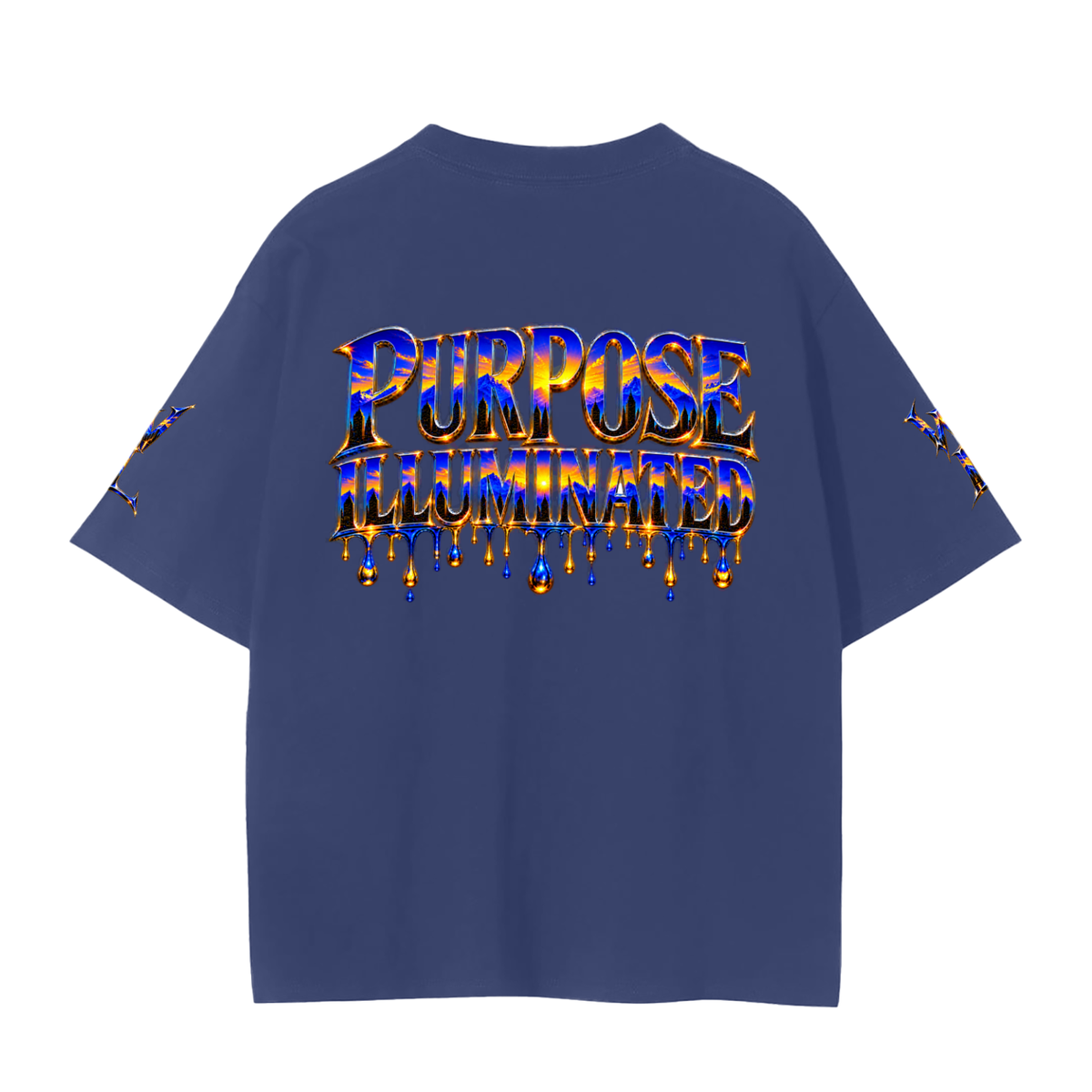 Back view of navy blue WHYELUME Purpose Illuminated seamless tee with blue and gold Purpose Illuminated drip graphic