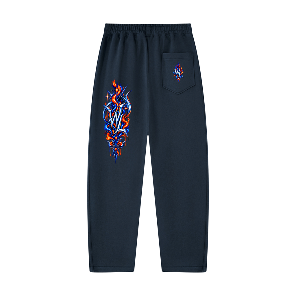 Back view of navy blue WHYELUME Purpose Illuminated sweatpants with small blue and orange hip graphic