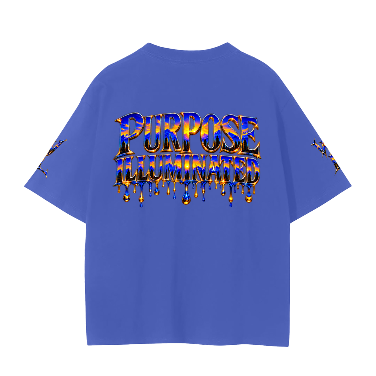 Back view of royal blue WHYELUME Purpose Illuminated seamless tee with blue and gold Purpose Illuminated drip graphic
