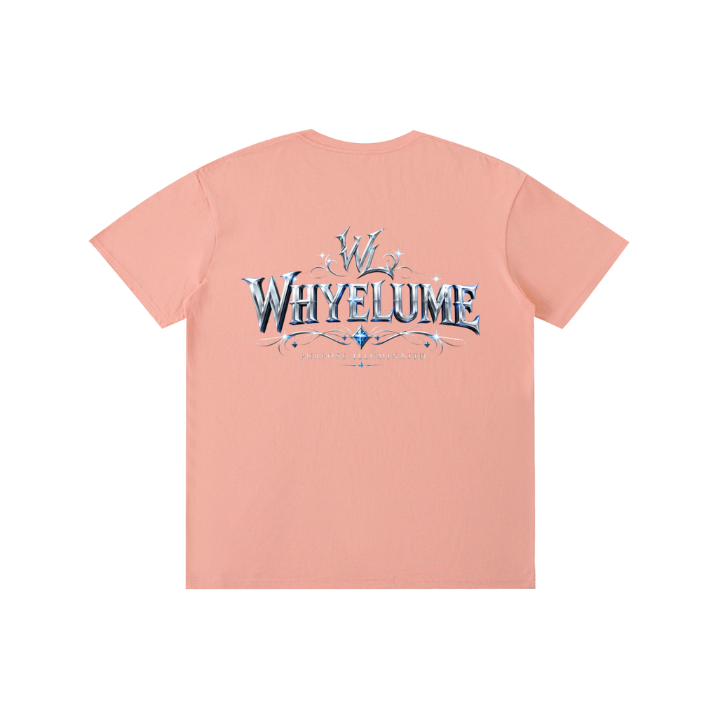 Back view of pink WHYELUME Silver Crest tee with silver crest wordmark graphic
