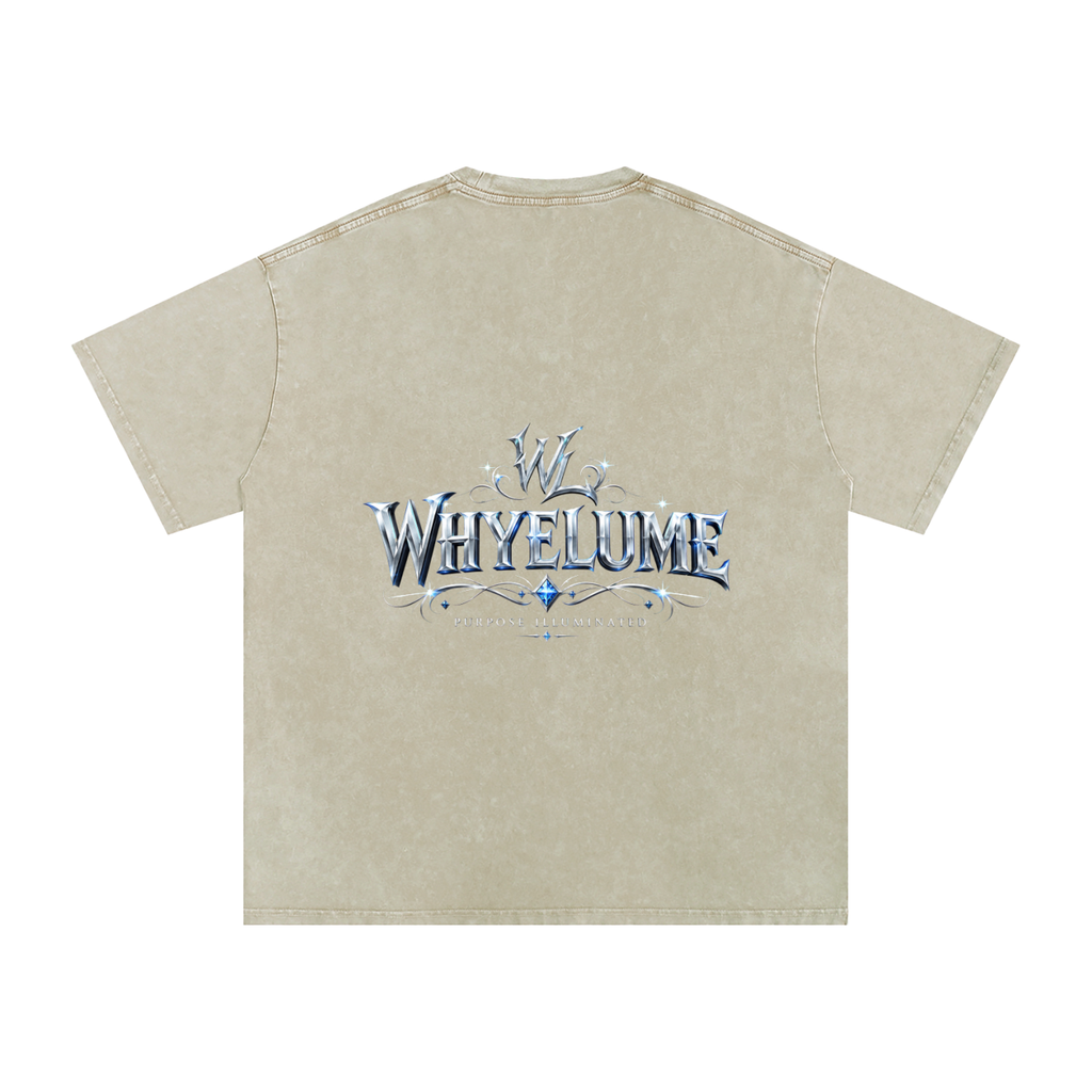 Back view of khaki ash snow washed WHYELUME Silver Crest tee with silver crest wordmark graphic