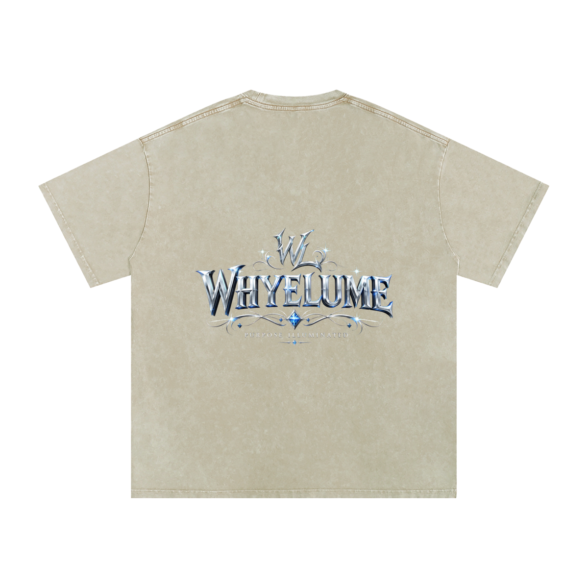 Back view of khaki ash snow washed WHYELUME Silver Crest tee with silver crest wordmark graphic