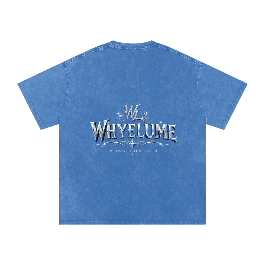 Back view of light blue snow washed WHYELUME Silver Crest tee with silver crest wordmark graphic