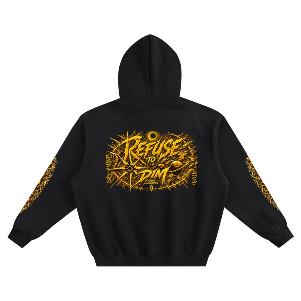 Back view of black WHYELUME Refuse to Dim hoodie with gold cosmic orbit graphic