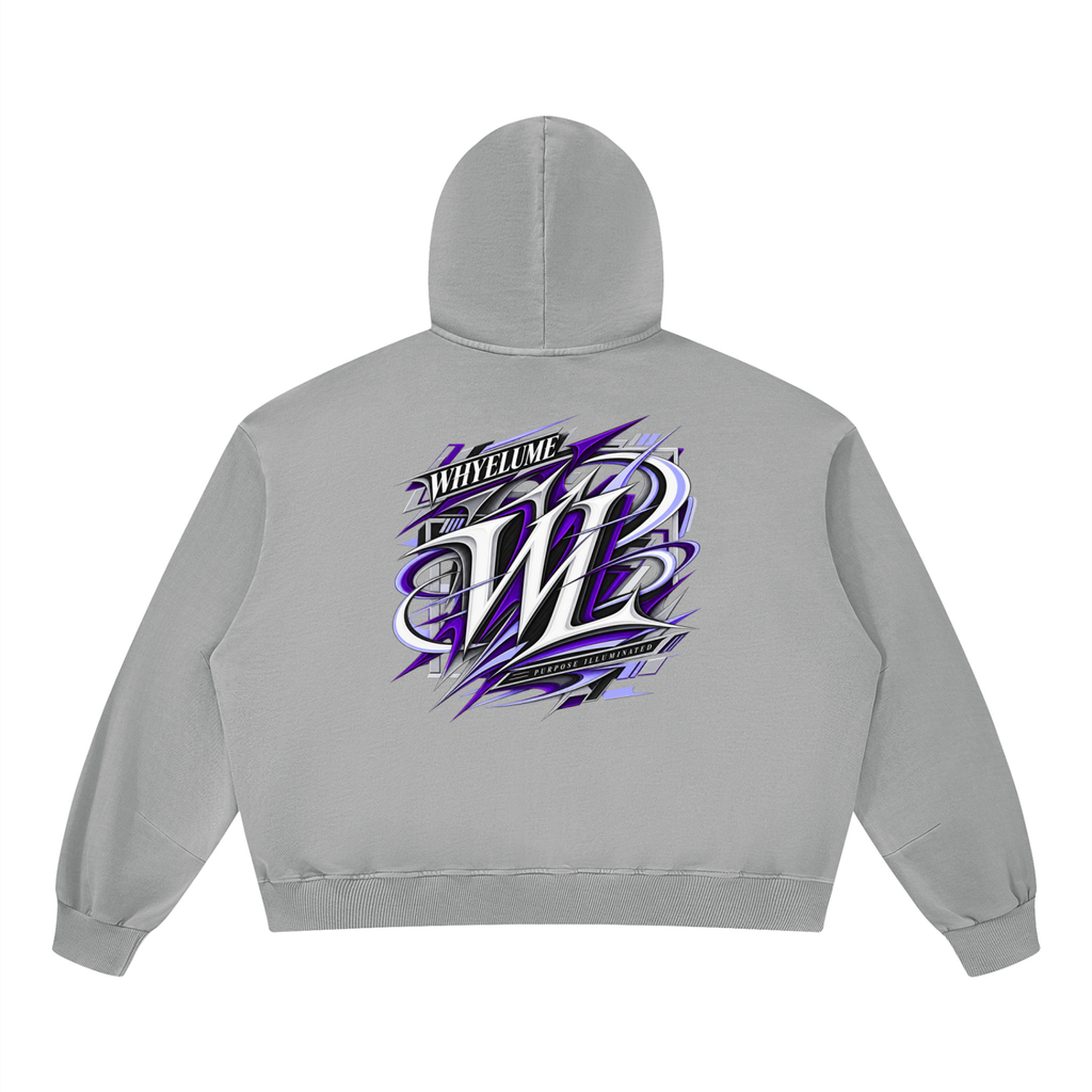 Back view of light gray WHYELUME Purpose Illuminated boxy hoodie with large purple WL graphic