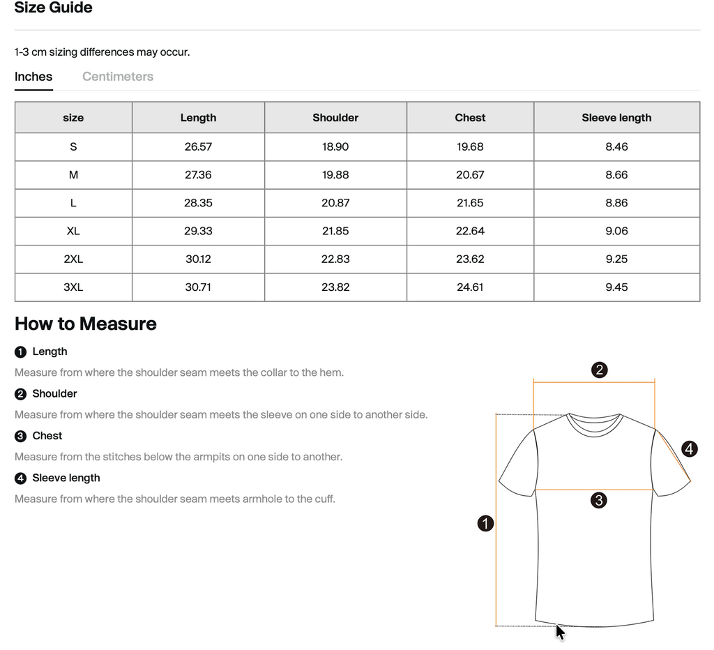Size chart for WHYELUME Essentials Radiant Mark tee with length, shoulder, chest, and sleeve measurements in inches