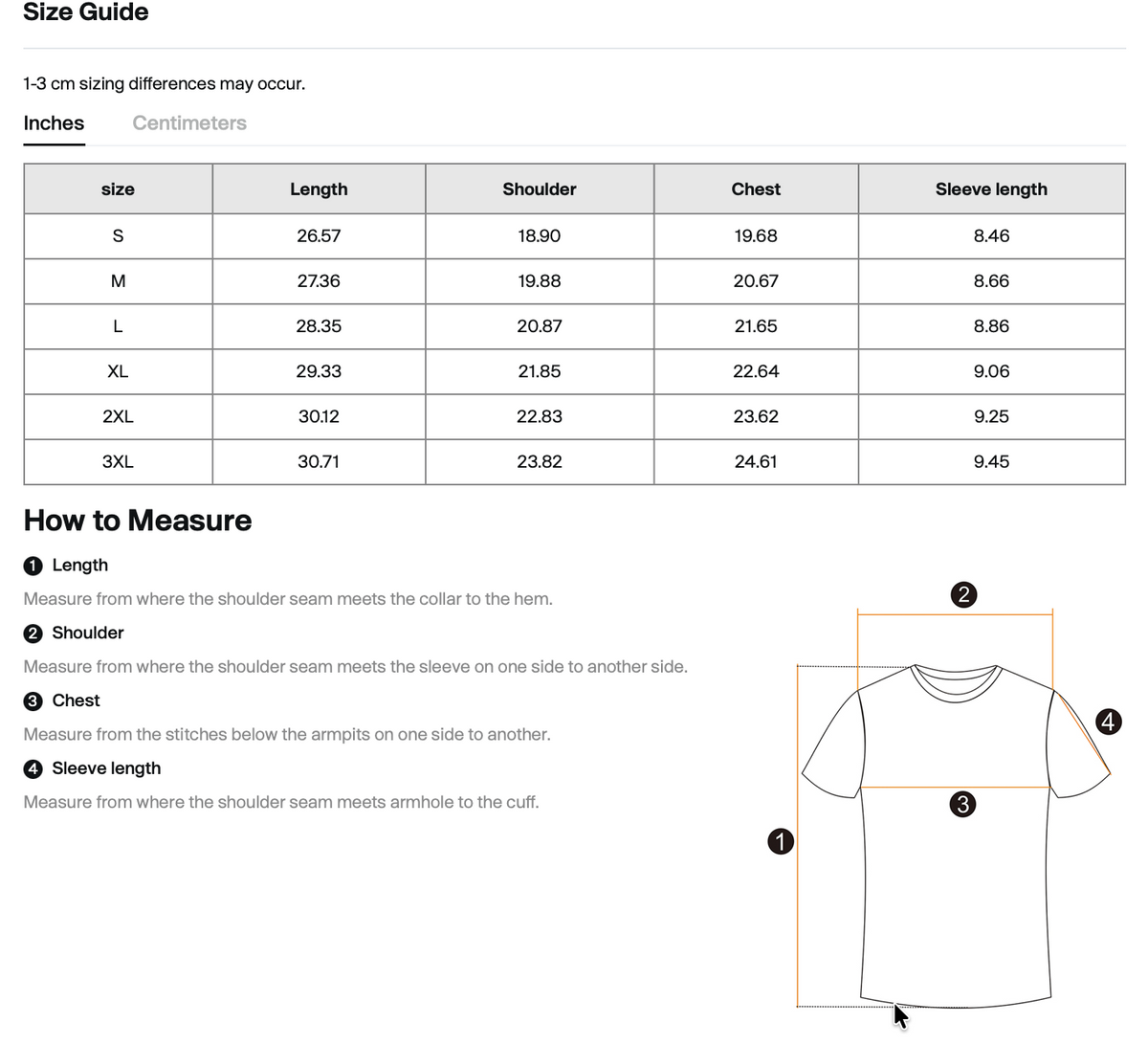 Size chart for WHYELUME Essentials Radiant Mark tee with length, shoulder, chest, and sleeve measurements in inches