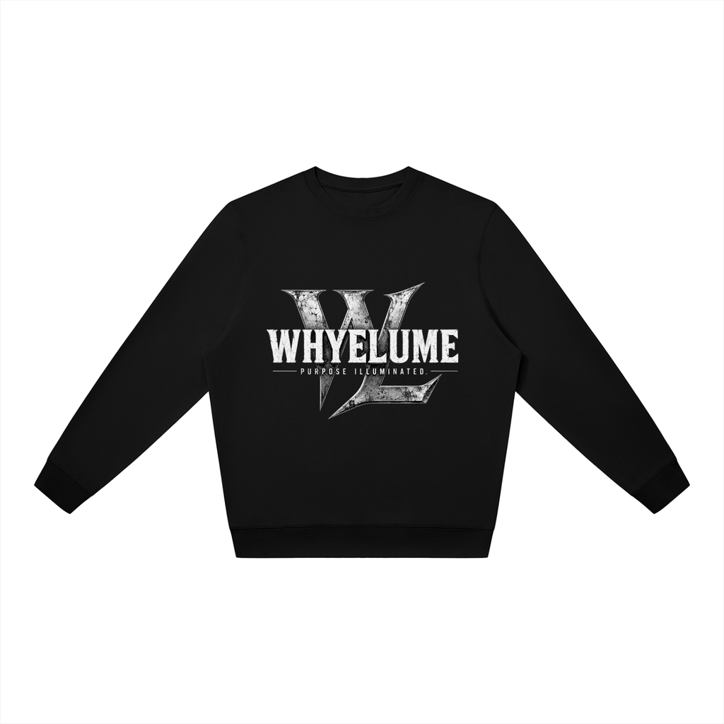 Front view of black WHYELUME Flare Mark oversized crewneck sweatshirt with white Flare Mark chest graphic