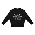 Front view of black WHYELUME Flare Mark oversized crewneck sweatshirt with white Flare Mark chest graphic
