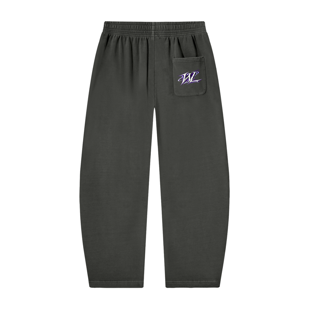 Back view of dark gray WHYELUME Purpose Illuminated purple graphic barrel-leg sweatpants with white WL hip mark