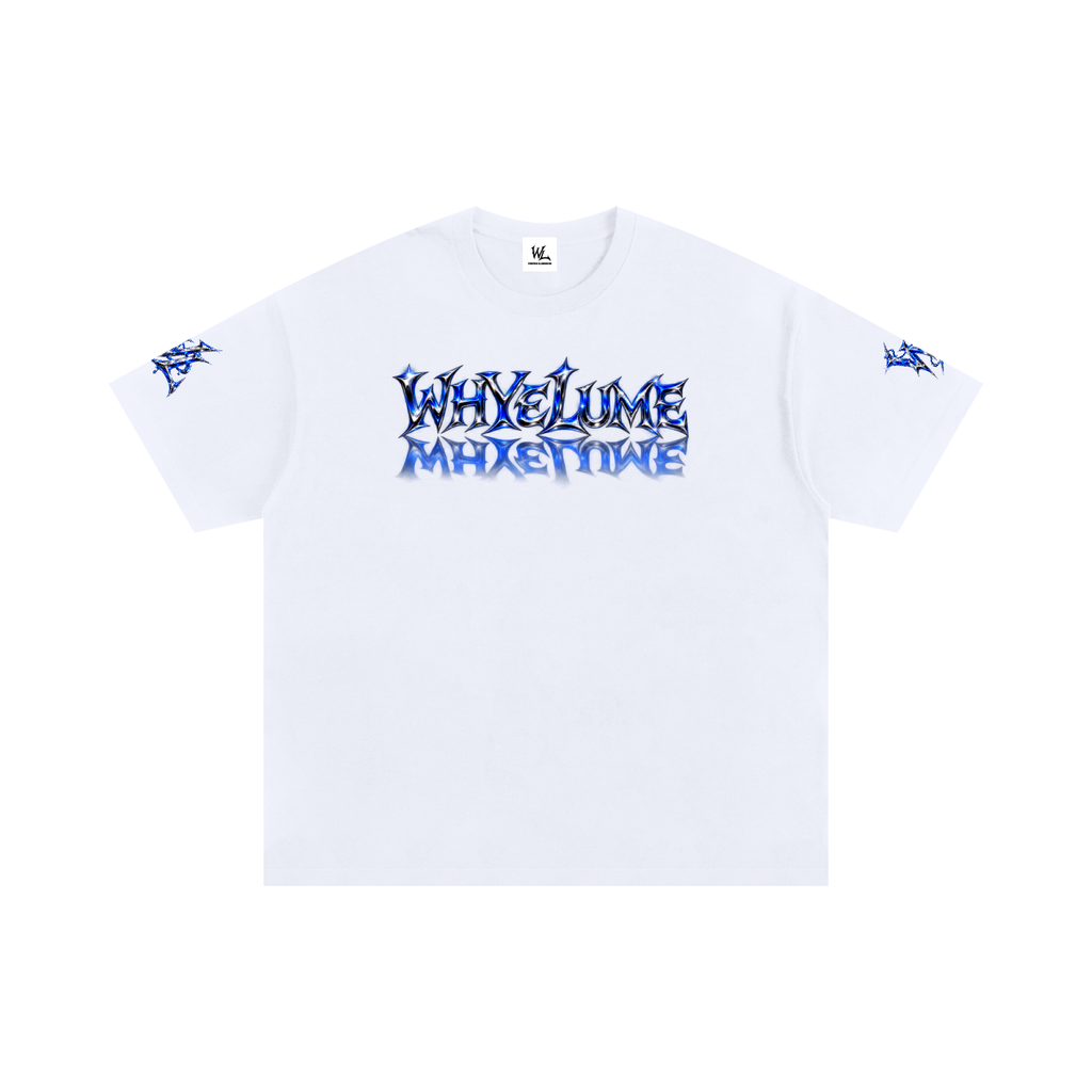Front view of white WHYELUME Purpose Illuminated oversized graphic tee with blue mirrored wordmark and sleeve graphics