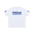 Front view of white WHYELUME Purpose Illuminated oversized graphic tee with blue mirrored wordmark and sleeve graphics