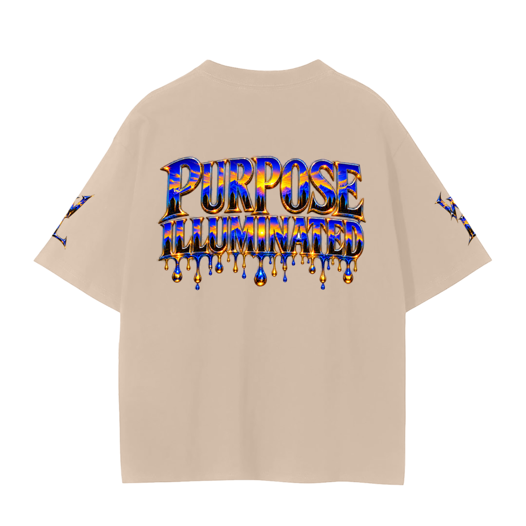 Back view of camel WHYELUME Purpose Illuminated seamless tee with blue and gold Purpose Illuminated drip graphic