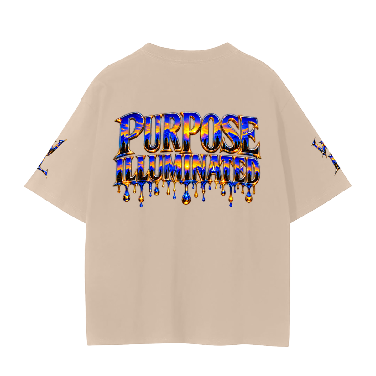 Back view of camel WHYELUME Purpose Illuminated seamless tee with blue and gold Purpose Illuminated drip graphic