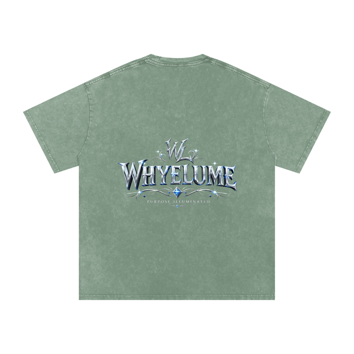 Back view of bean green snow washed WHYELUME Silver Crest tee with silver crest wordmark graphic