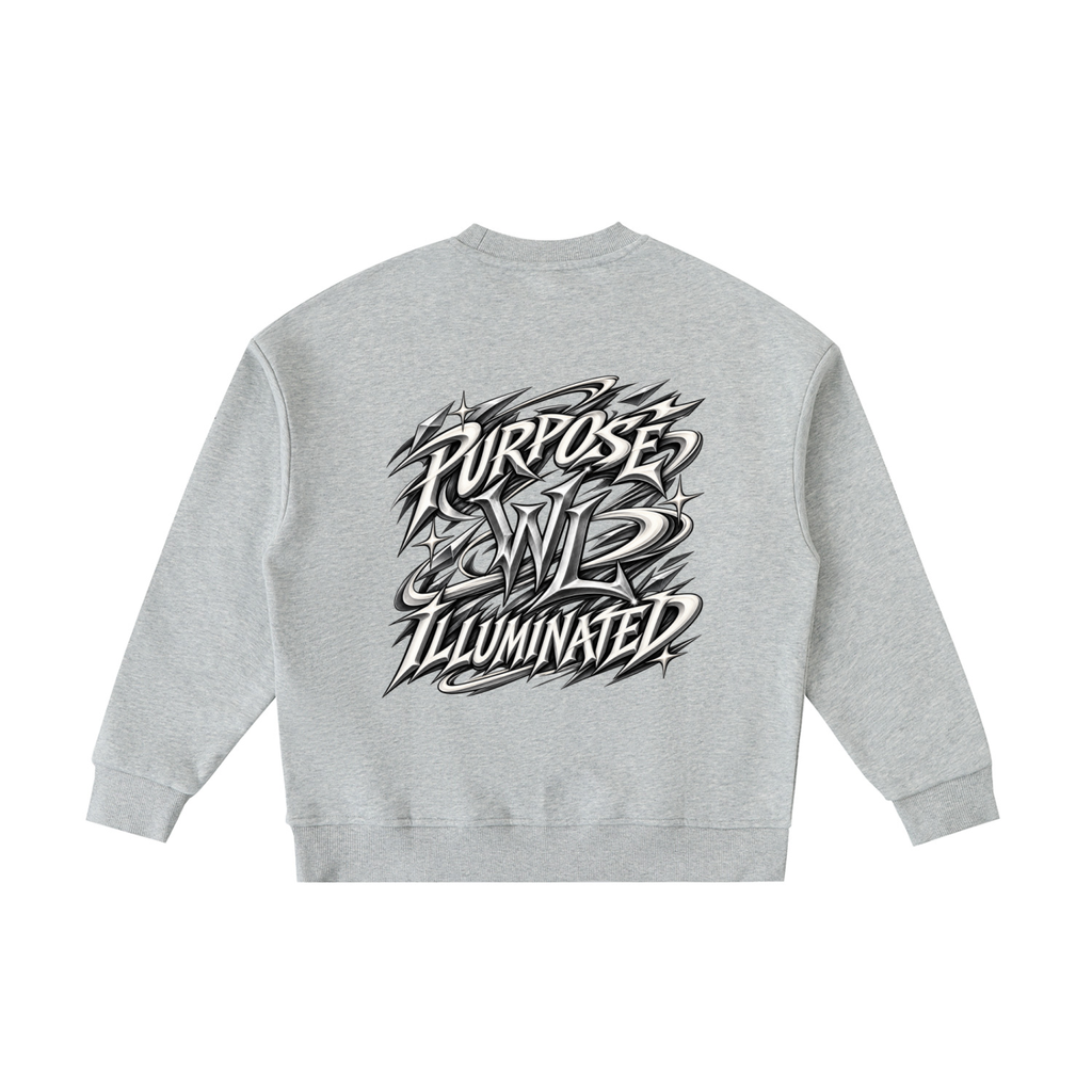 Back view of flower gray WHYELUME Kids Purpose Illuminated crewneck with black Purpose Illuminated graphic