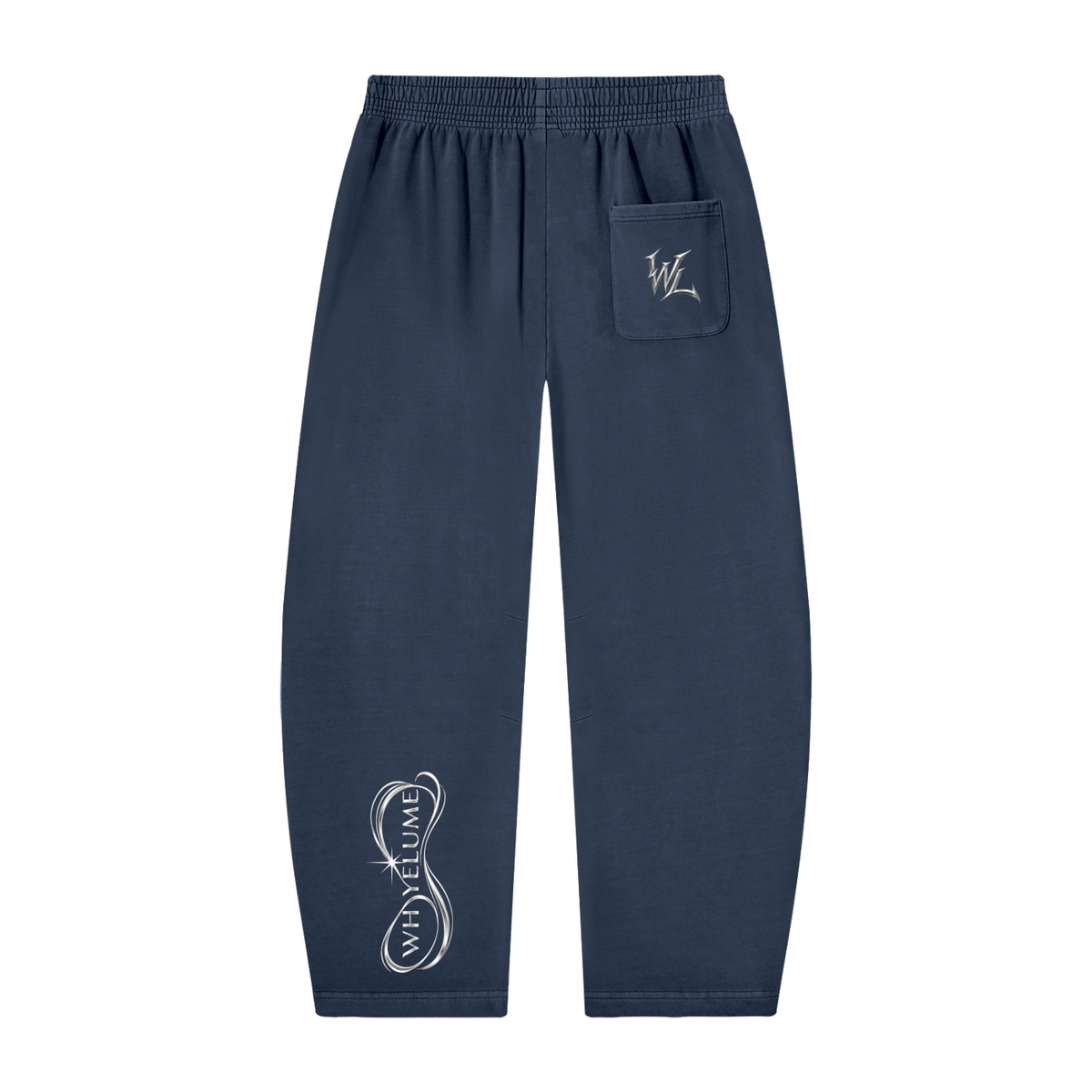 Back view of navy blue WHYELUME Purpose Illuminated barrel-leg sweatpants with white WL pocket mark and lower leg graphic