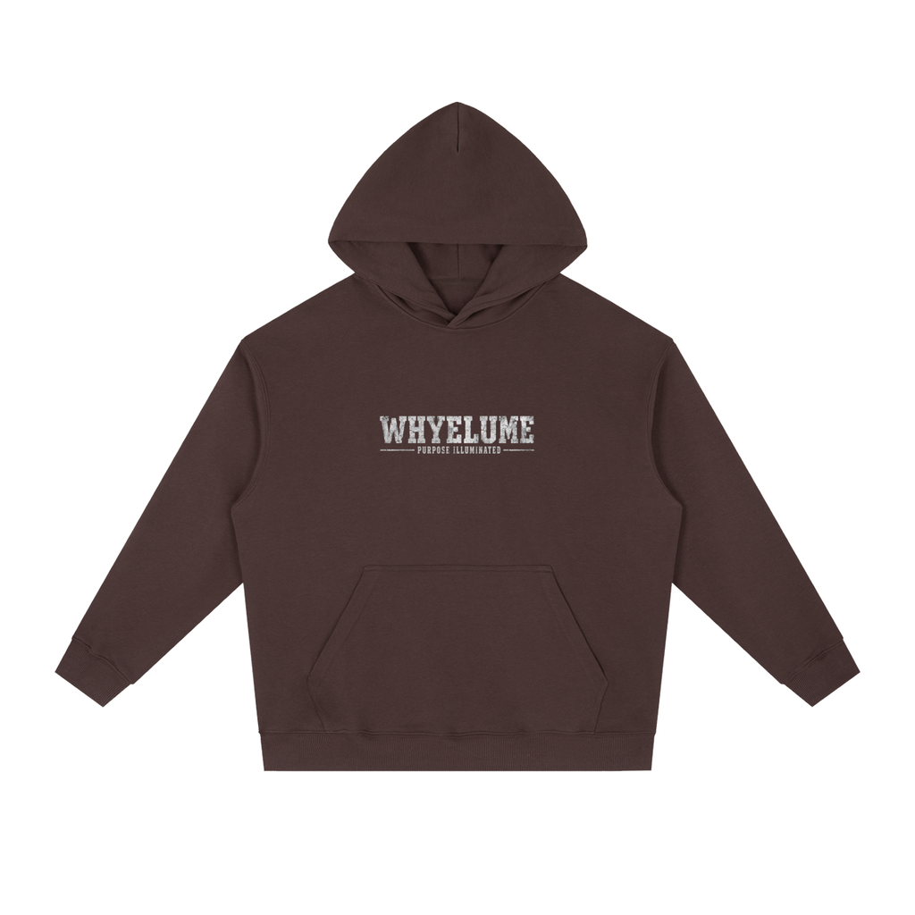 Front view of ume purple WHYELUME Essentials Radiant Mark drop-shoulder hoodie with small white wordmark chest graphic