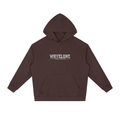Front view of ume purple WHYELUME Essentials Radiant Mark drop-shoulder hoodie with small white wordmark chest graphic