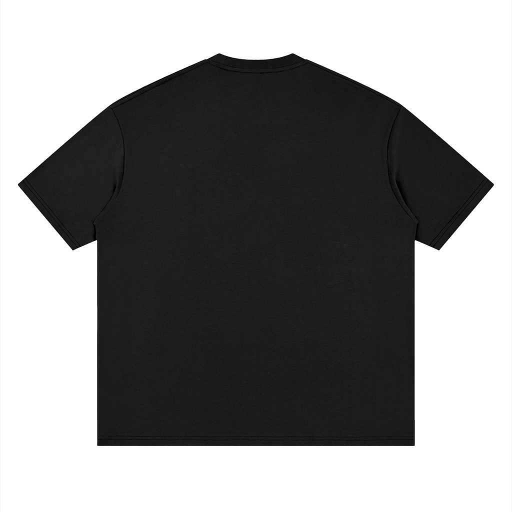 Back view of black WHYELUME Forged Mark drop shoulder tee with no print