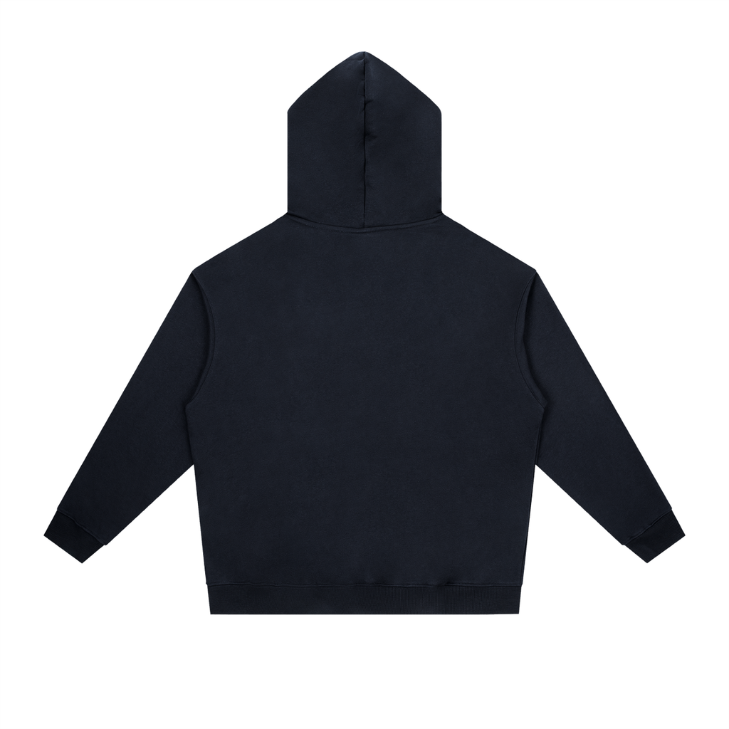 Back view of navy blue WHYELUME Essential heavyweight drop-shoulder hoodie with no print