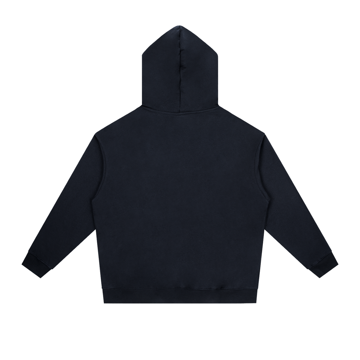Back view of navy blue WHYELUME Essential heavyweight drop-shoulder hoodie with no print